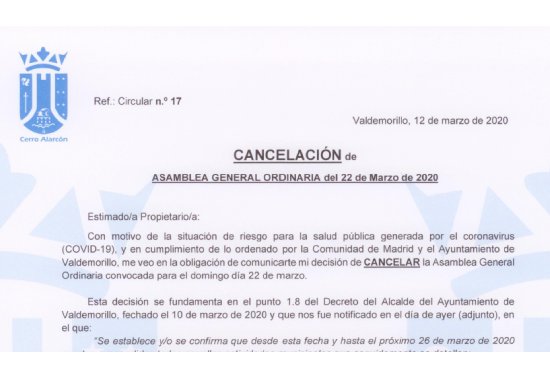 Cancelación Asamblea General de Cerro 1 por riesgo de coronavirus