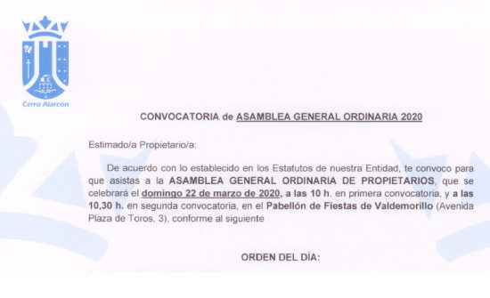 Convocatoria asamblea general Cerro Alarcón 1 2020