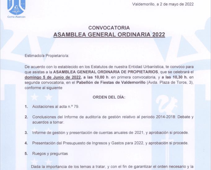 Convocatoria Asamblea General ordinaria propietarios Cerro Alarcon 1